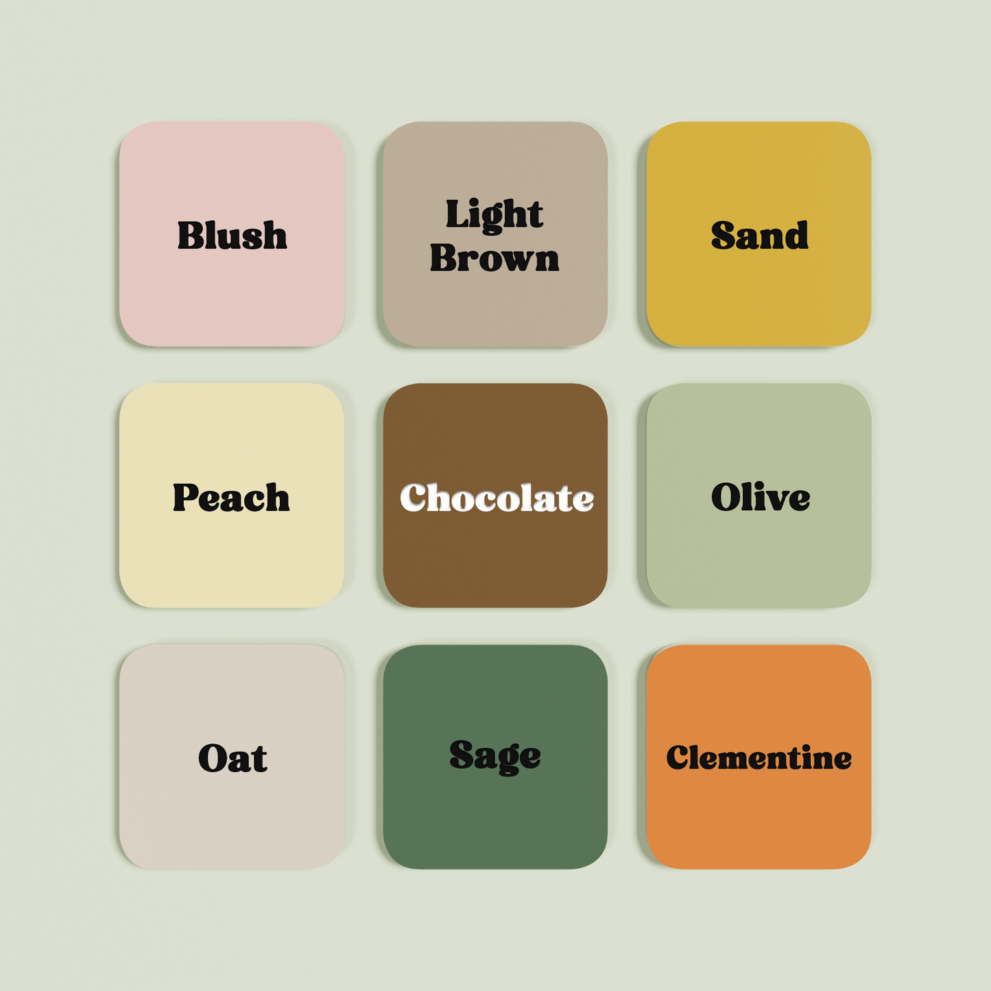 3x3 grid of acrylic samples showing blush, light brown, sand, peach, chocolate, olive, oat, sage, clementine | Saint Sauvant Auckland NZ