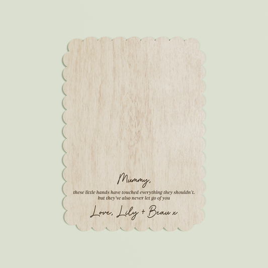 Beau wooden handprint plaque with scalloped border and engraved text | Saint Sauvant Auckland NZ