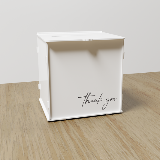 Thank You acrylic wishing well, black text on white acrylic | Saint Sauvant Auckland NZ