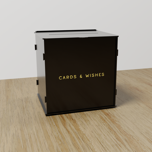 Cards & Wishes acrylic wishing well, gold text on black acrylic | Saint Sauvant Auckland NZ