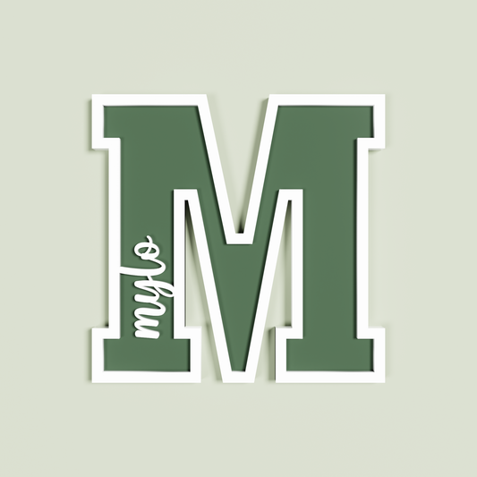 Sage varsity style Letter 'M' with white 'Mylo' written inside | Saint Sauvant Auckland NZ