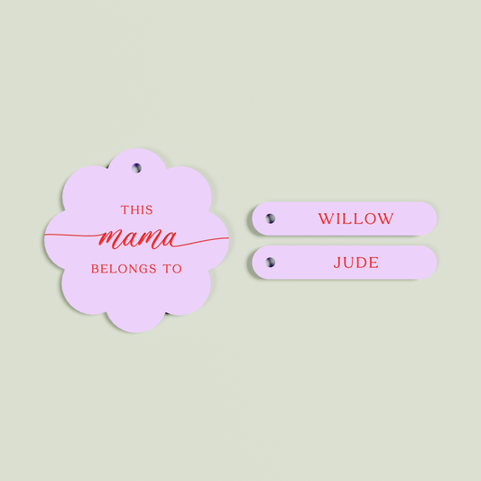 Travertino acrylic scallop keyring with 2 name tags with red text on lavender acrylic | Saint Sauvant Auckland NZ