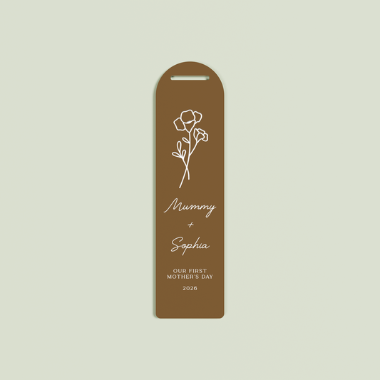 Verveine acrylic bookmark with a floral design and white text on chocolate acrylic | Saint Sauvant Auckland NZ