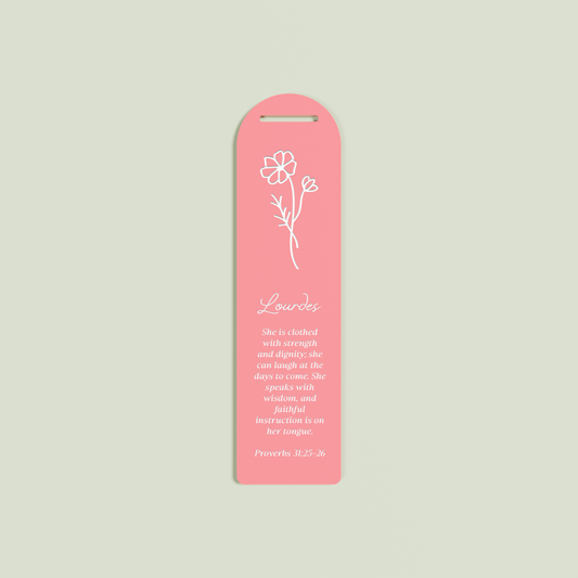 Romarin acrylic bookmark with provebs 31 and floral design in white on watermelon acrylic | Saint Sauvant Auckland NZ