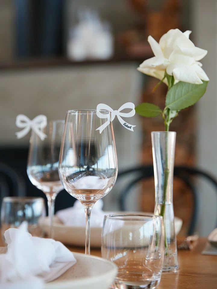 Luxury handcrafted personalised bow drink tags displayed at an elegant event — Saint Sauvant Auckland NZ