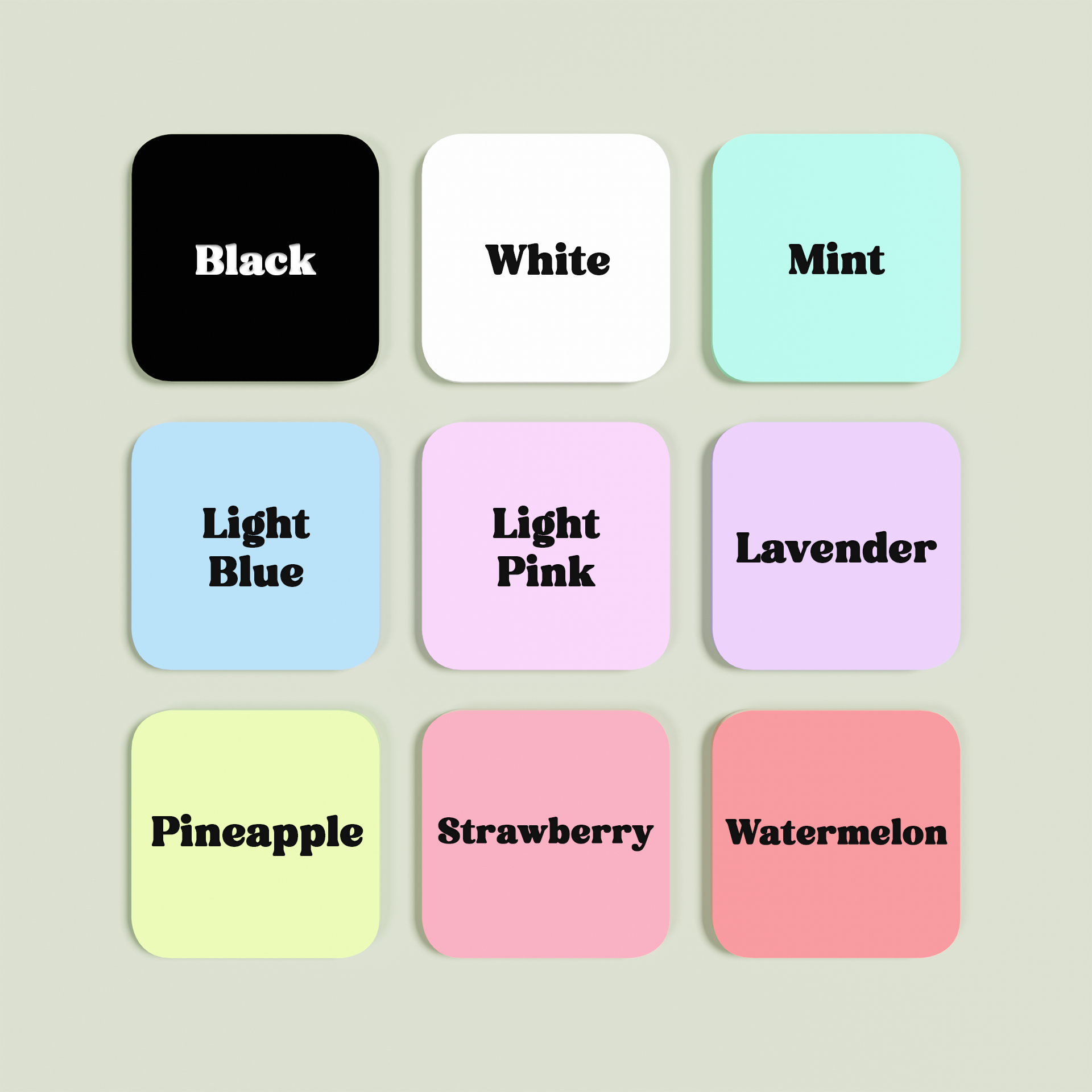 3x3 grid of acrylic samples showing black, white, watermelon, light blue, light pink, strawberry, pineapple, mint, lavender | Saint Sauvant Auckland NZ