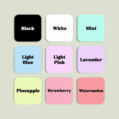 3x3 grid of acrylic samples showing black, white, watermelon, light blue, light pink, strawberry, pineapple, mint, lavender | Saint Sauvant Auckland NZ