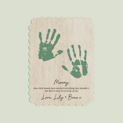 Beau wooden handprint plaque with scalloped border and engraved text | Saint Sauvant Auckland NZ