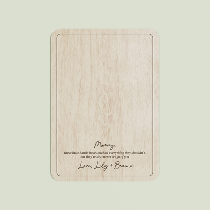 Beau wooden handprint plaque with plain border and engraved text | Saint Sauvant Auckland NZ