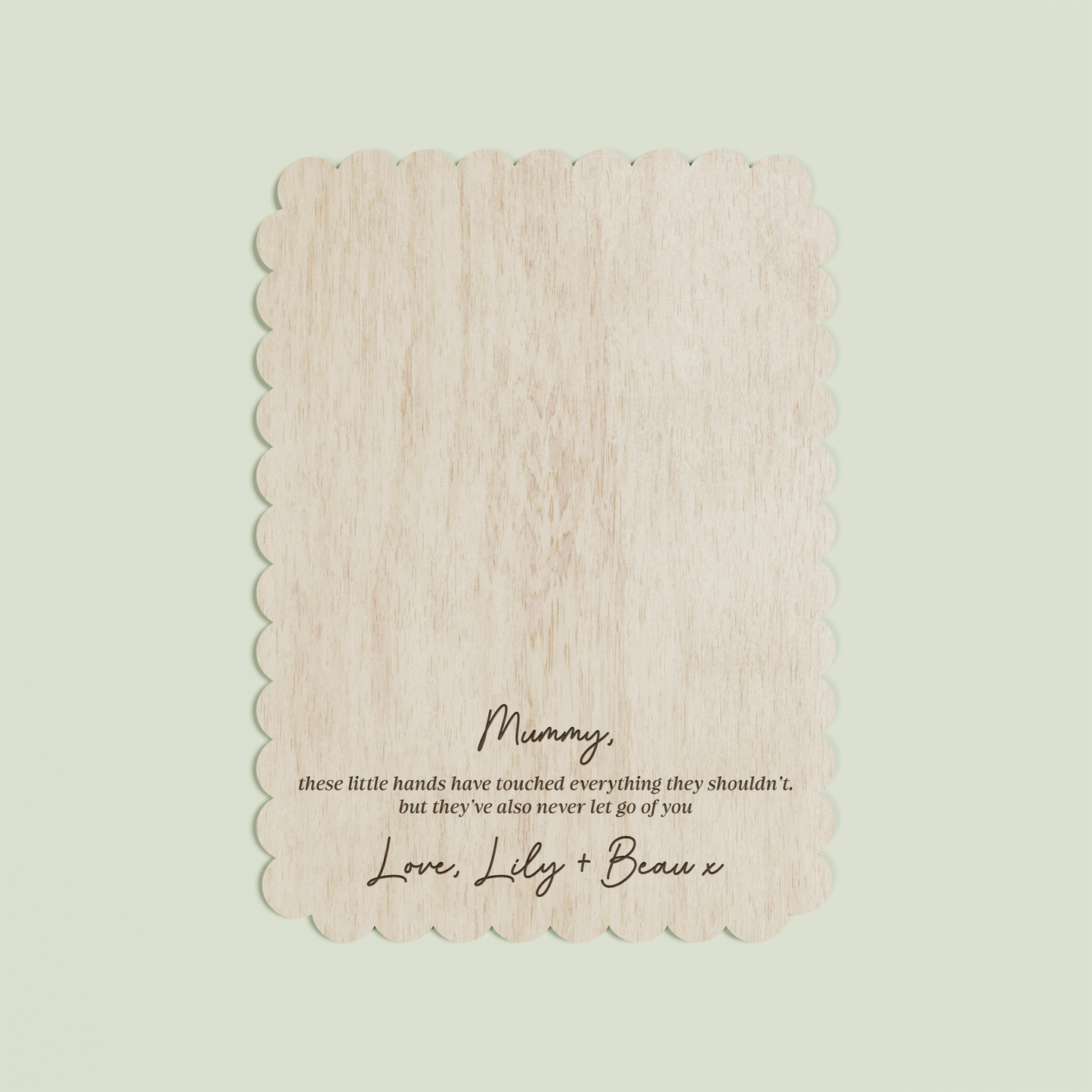 Beau wooden handprint plaque with scalloped border and engraved text | Saint Sauvant Auckland NZ