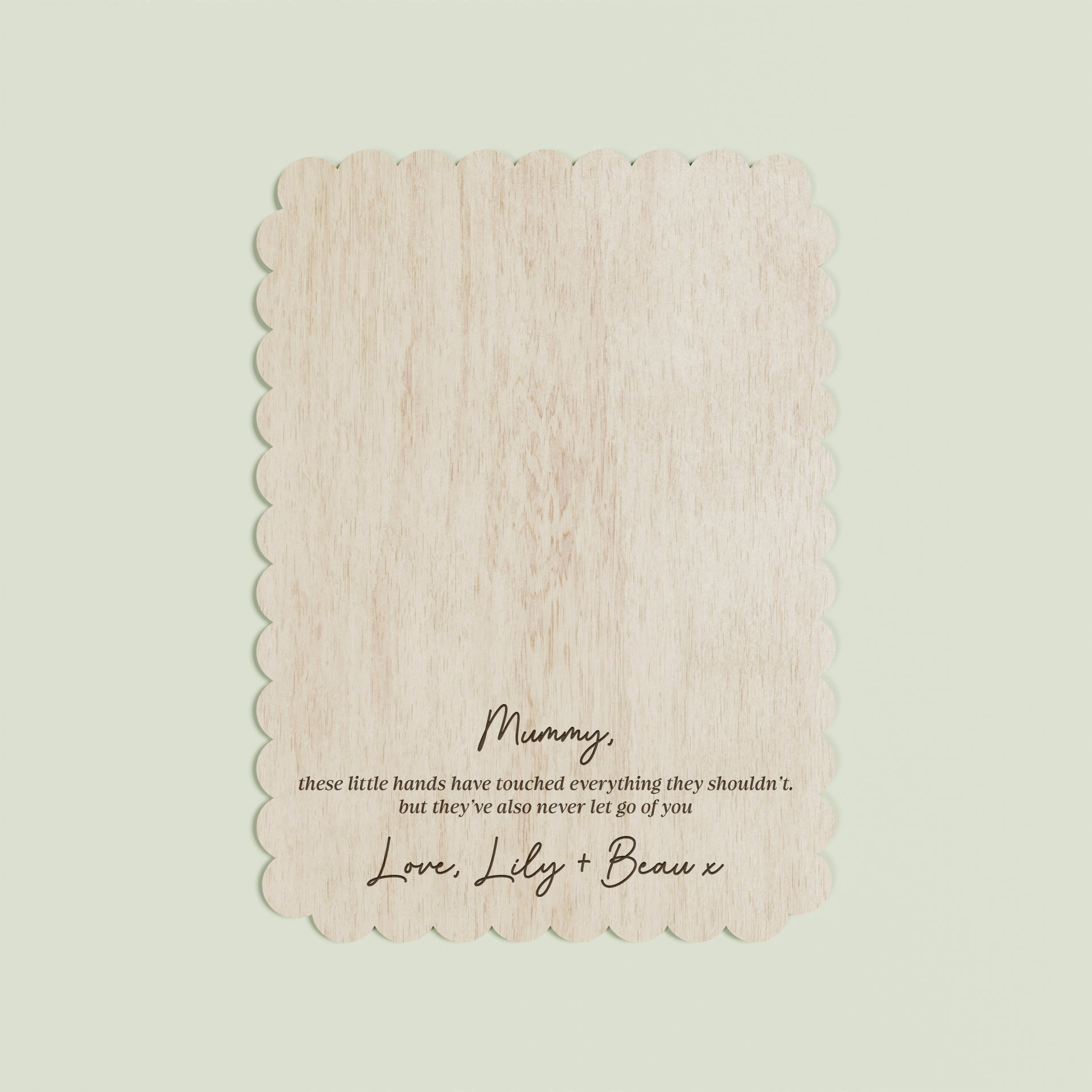 Beau wooden handprint plaque with scalloped border and engraved text | Saint Sauvant Auckland NZ