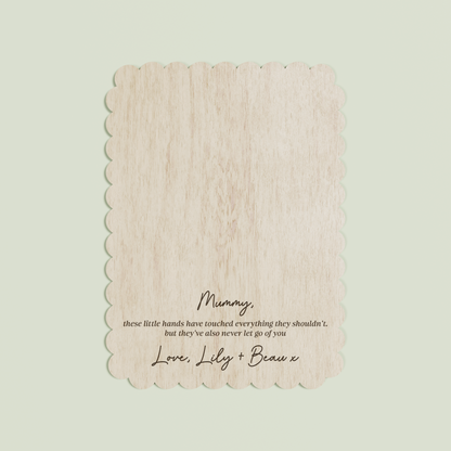 Beau wooden handprint plaque with scalloped border and engraved text | Saint Sauvant Auckland NZ