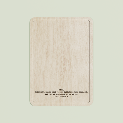 Beau wooden handprint plaque with plain border and engraved text | Saint Sauvant Auckland NZ