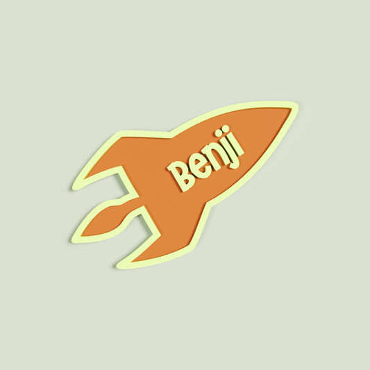 Clementine rocket-shaped name plaque with 'Benji' in pineapple | Saint Sauvant Auckland NZ