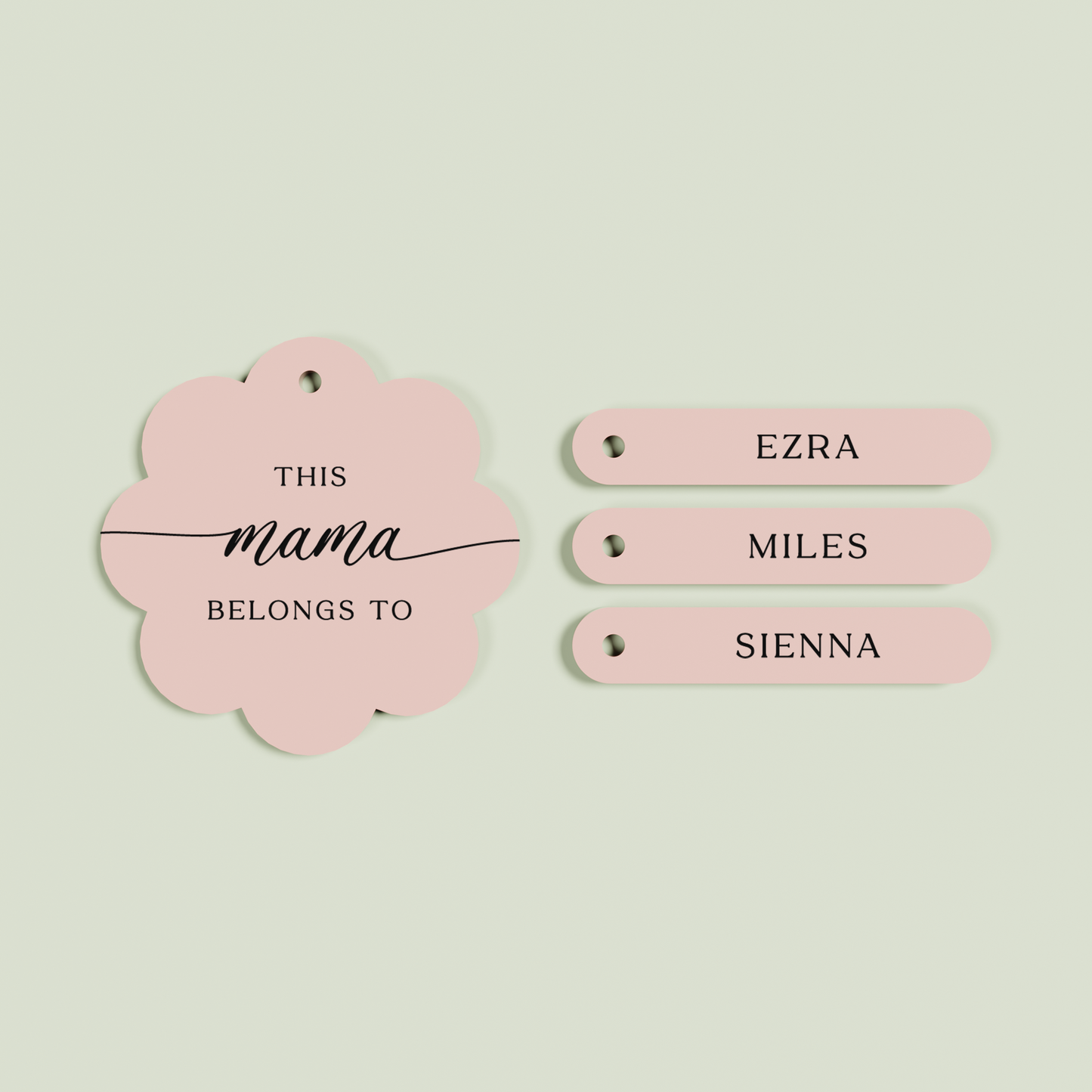 Travertino acrylic scallop keyring with 3 name tags with black text on blush acrylic | Saint Sauvant Auckland NZ