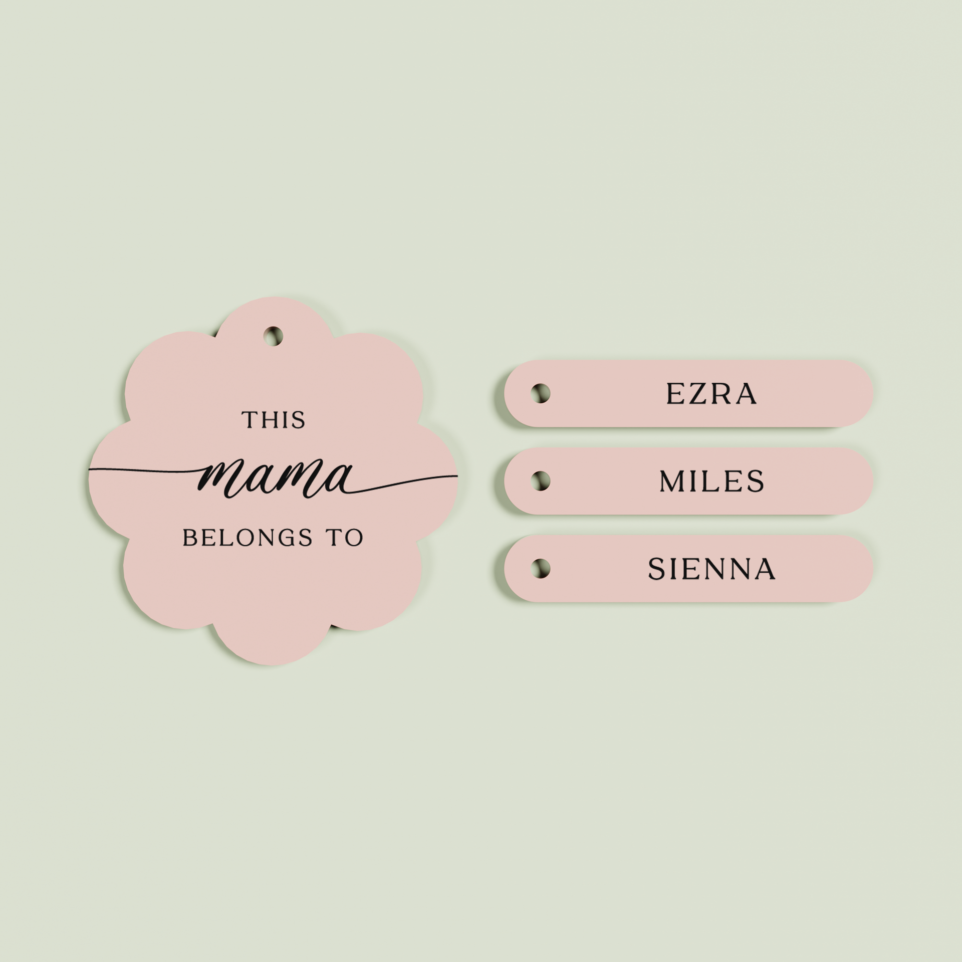 Travertino acrylic scallop keyring with 3 name tags with black text on blush acrylic | Saint Sauvant Auckland NZ