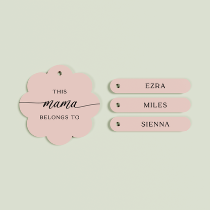 Travertino acrylic scallop keyring with 3 name tags with black text on blush acrylic | Saint Sauvant Auckland NZ