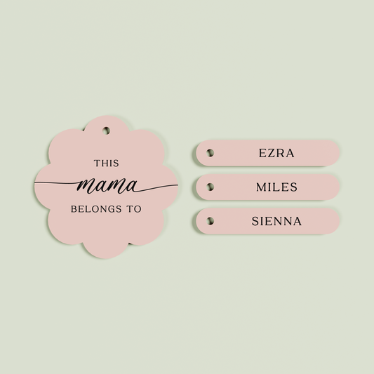 Travertino acrylic scallop keyring with 3 name tags with black text on blush acrylic | Saint Sauvant Auckland NZ