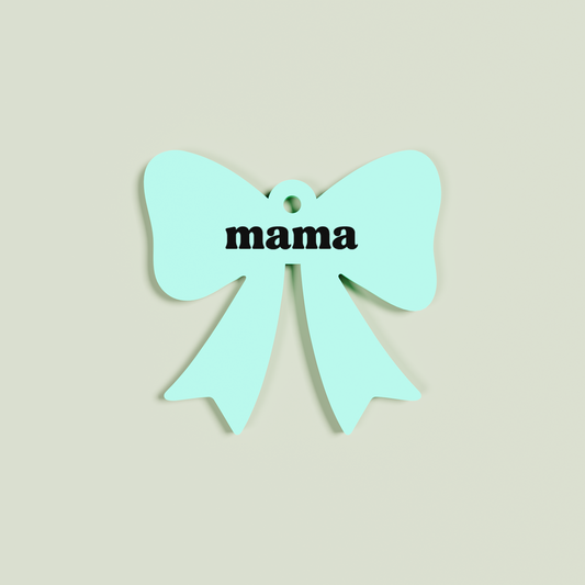 Peperino acrylic bow keyring with black 'mama' text on mint acrylic | Saint Sauvant Auckland NZ