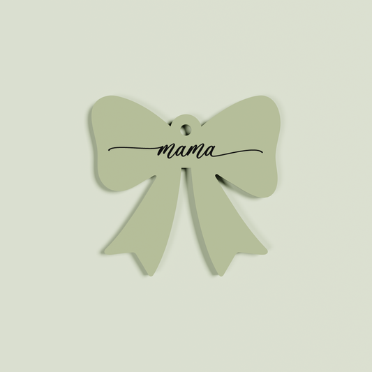 Opus acrylic bow keyring with black 'mama' text on olive acrylic | Saint Sauvant Auckland NZ