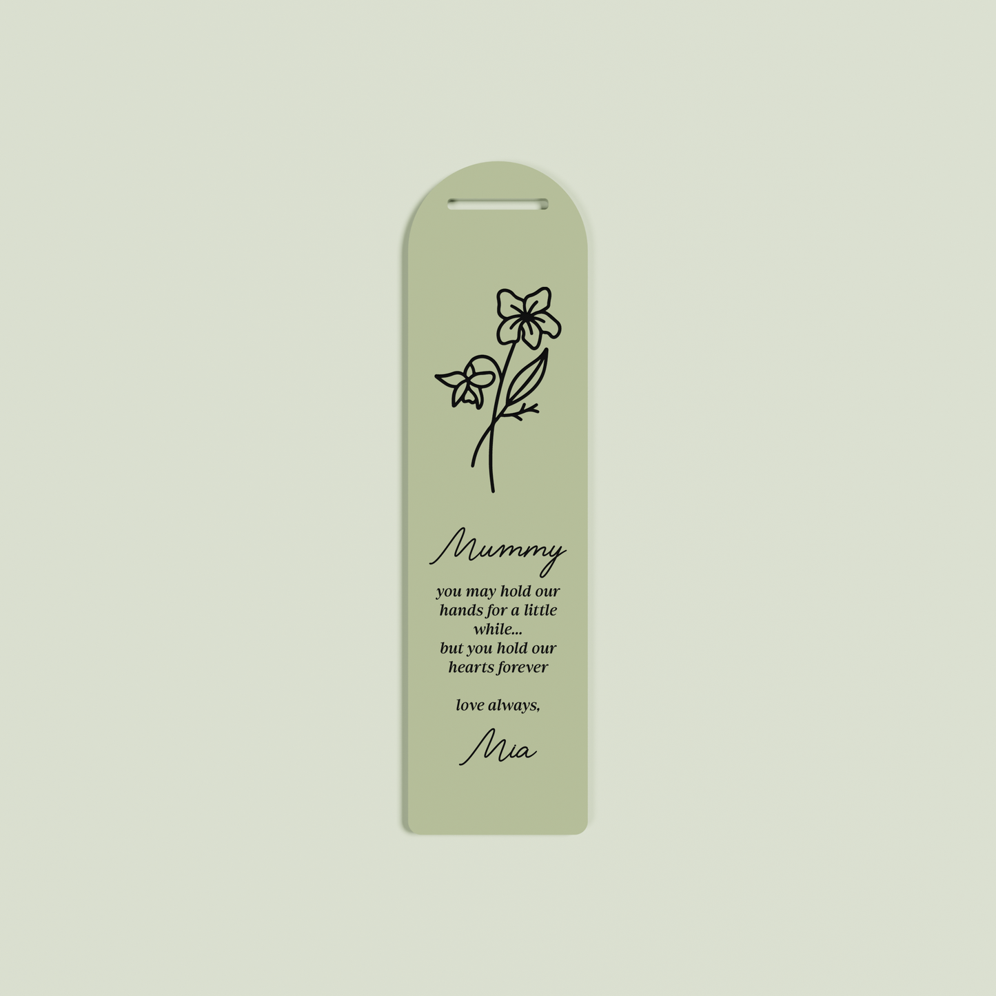 Origano acrylic bookmark with a floral design and black text on olive acrylic | Saint Sauvant Auckland NZ