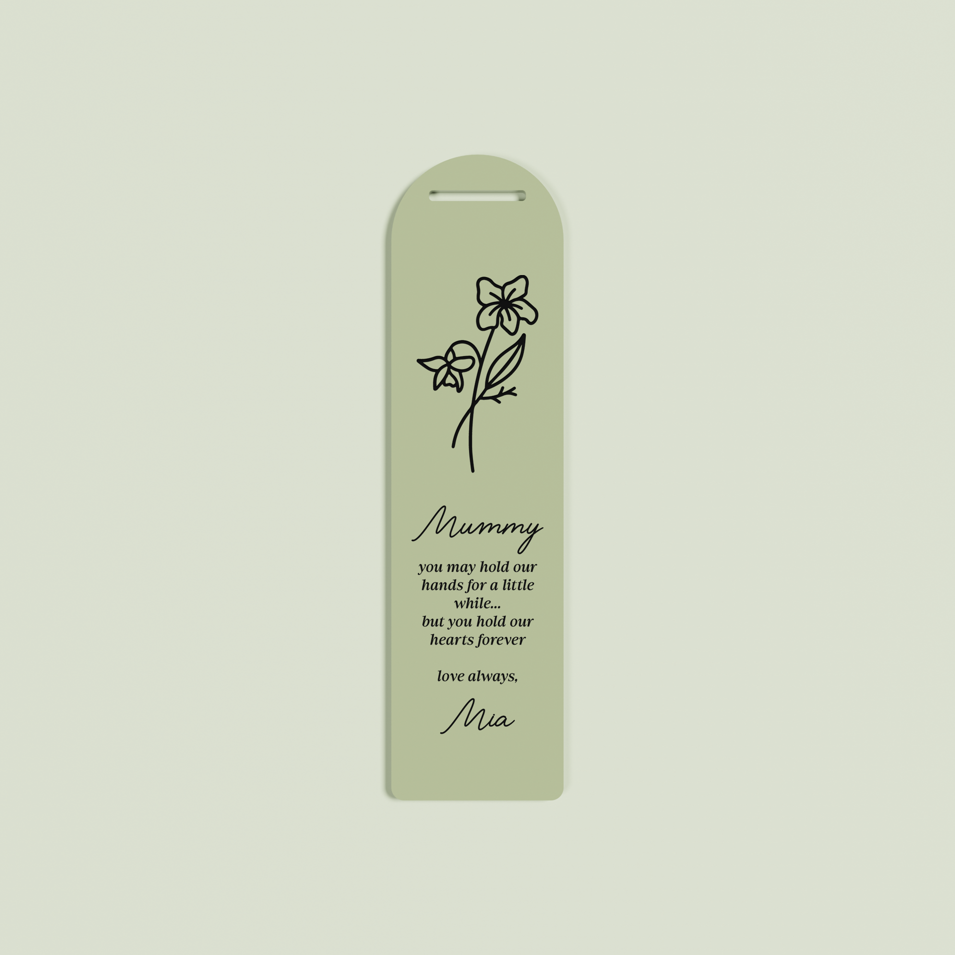 Origano acrylic bookmark with a floral design and black text on olive acrylic | Saint Sauvant Auckland NZ