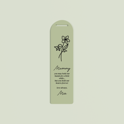 Origano acrylic bookmark with a floral design and black text on olive acrylic | Saint Sauvant Auckland NZ