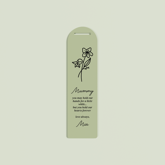 Origano acrylic bookmark with a floral design and black text on olive acrylic | Saint Sauvant Auckland NZ