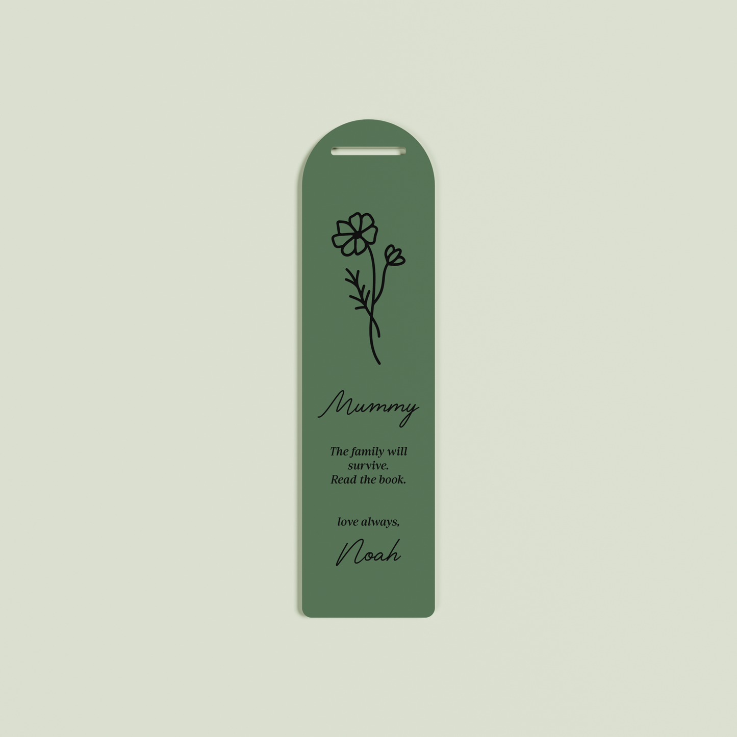 Lierre acrylic bookmark with a floral design and black text on sage acrylic | Saint Sauvant Auckland NZ