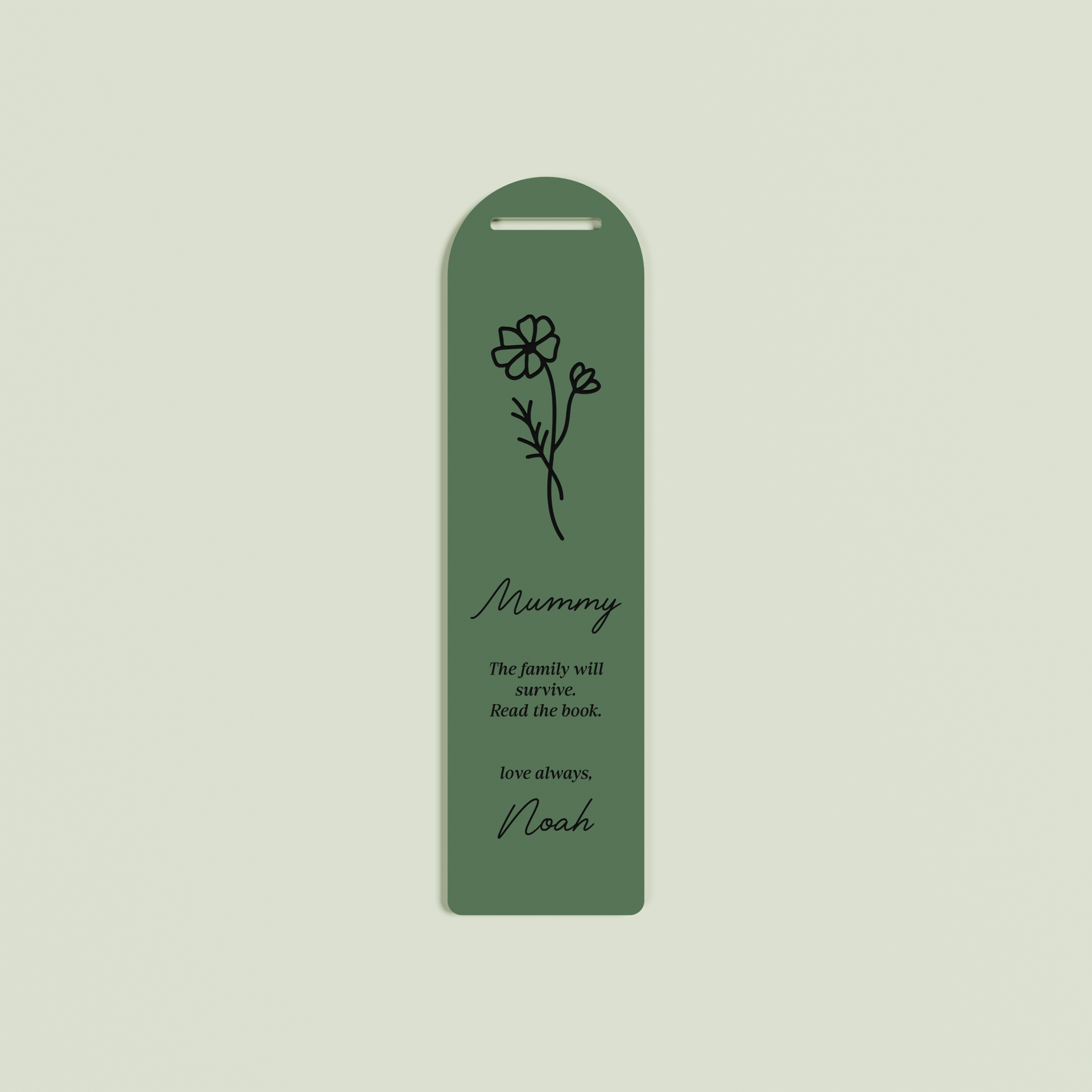 Lierre acrylic bookmark with a floral design and black text on sage acrylic | Saint Sauvant Auckland NZ
