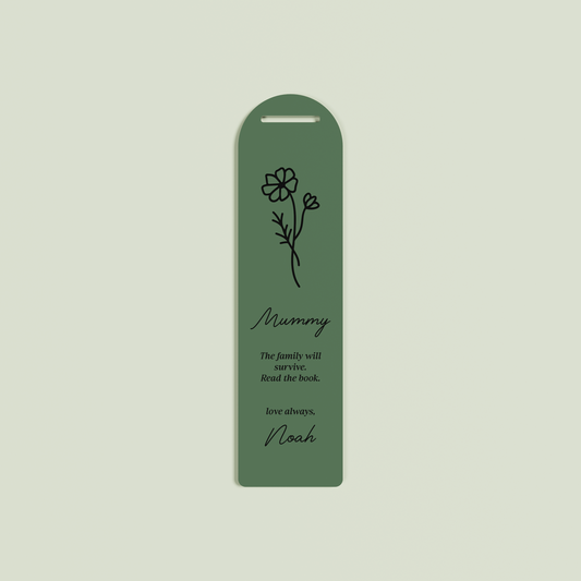 Lierre acrylic bookmark with a floral design and black text on sage acrylic | Saint Sauvant Auckland NZ