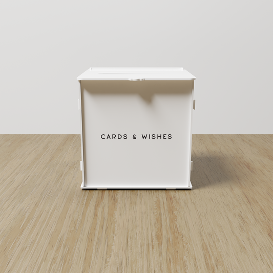 Cards & Wishes acrylic wishing well, black text on white acrylic | Saint Sauvant Auckland NZ