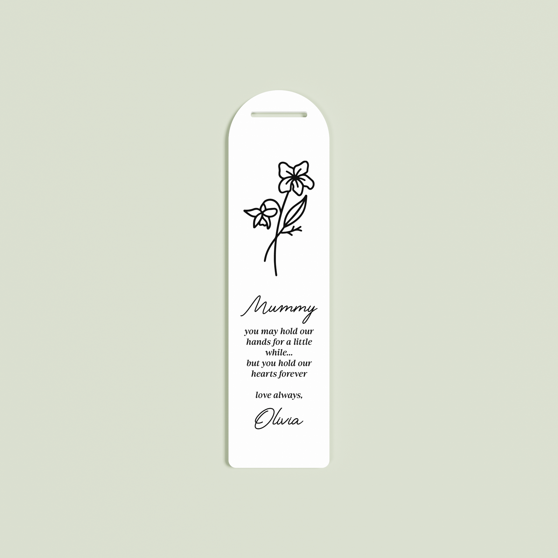 Origano acrylic bookmark with a floral design and black text on white acrylic | Saint Sauvant Auckland NZ