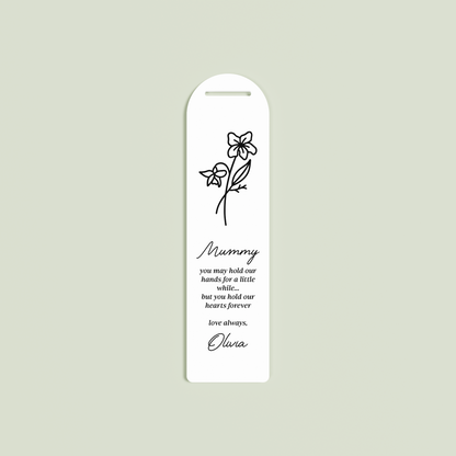 Origano acrylic bookmark with a floral design and black text on white acrylic | Saint Sauvant Auckland NZ