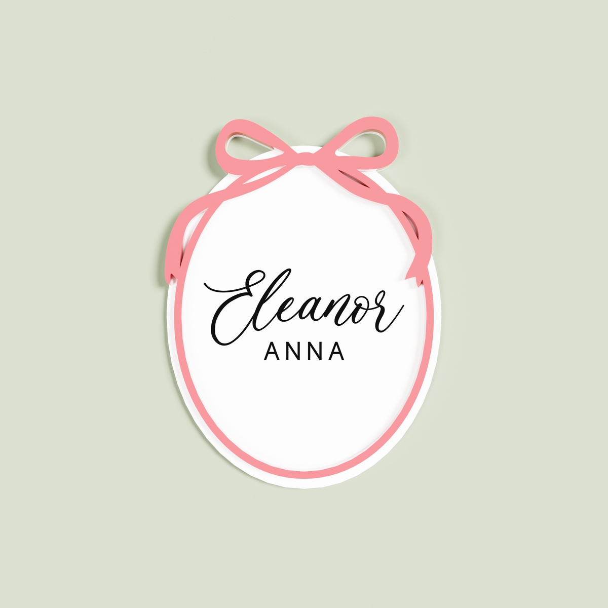 Double Layered White acrylic Oval engraved with 'Eleanor Anna' with a strawberry acrylic border and bow layer | Saint Sauvant Auckland NZ