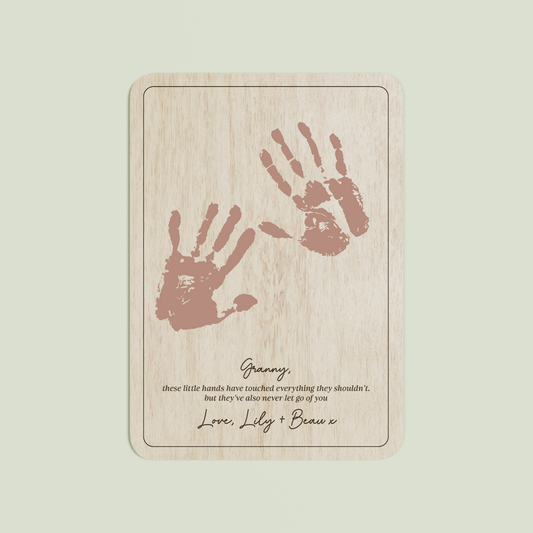 Elijah wooden handprint plaque with plain border and engraved text | Saint Sauvant Auckland NZ