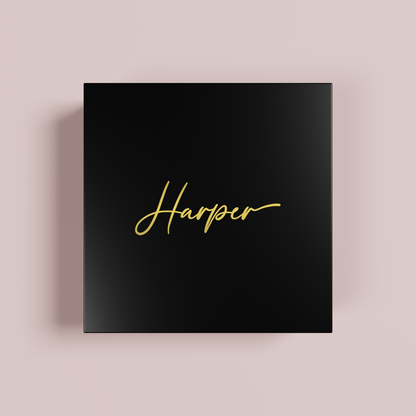 Petal personalised gift box, gold text on black acrylic | Saint Sauvant Auckland NZ