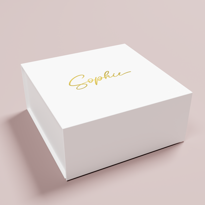Petal personalised gift box, gold text on white acrylic | Saint Sauvant Auckland NZ