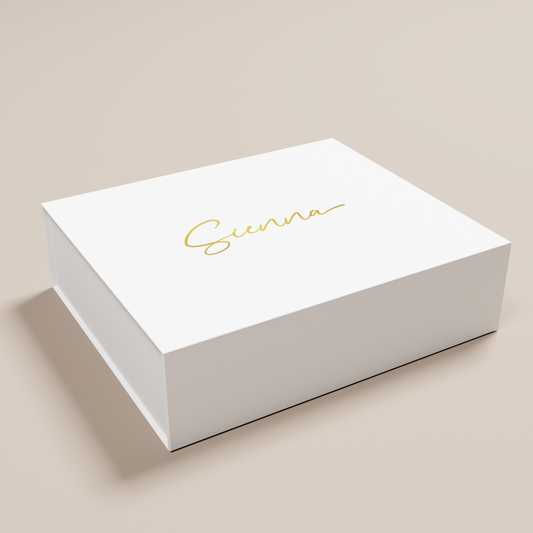 Iris personalised gift box, gold text on white acrylic | Saint Sauvant Auckland NZ