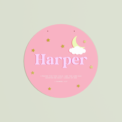 Round Strawberry name plaque with 'Harper' in Baby pink with 1 Samuel 1:27 and a star and moon design | Saint Sauvant Auckland NZ