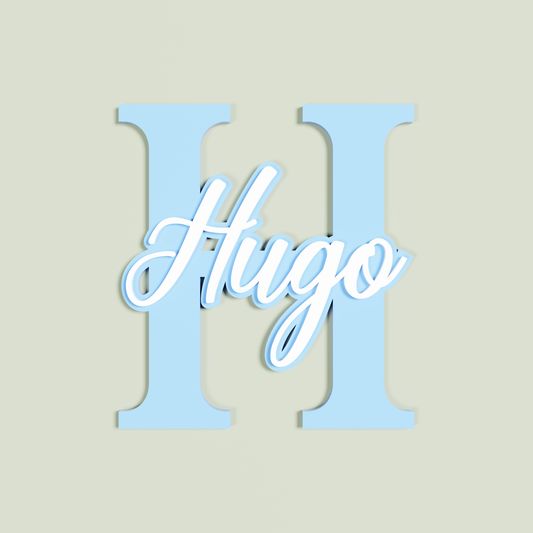 Double Layered Light blue letter 'H' with the name 'Hugo' in white | Saint Sauvant Auckland NZ