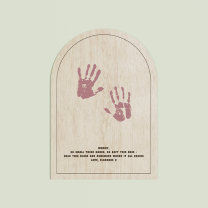 Hugo arch wooden handprint plaque with plain border and engraved text | Saint Sauvant Auckland NZ