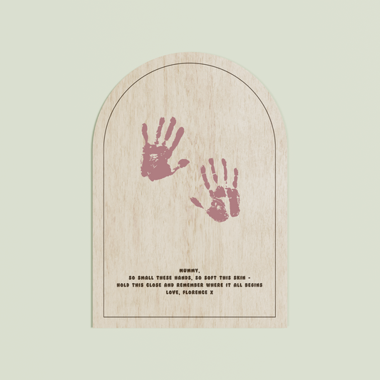 Hugo arch wooden handprint plaque with plain border and engraved text | Saint Sauvant Auckland NZ