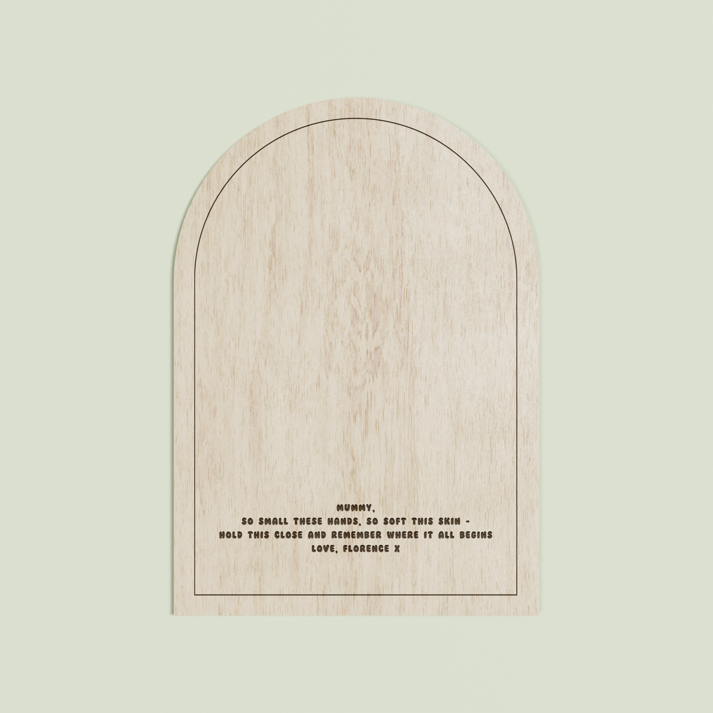 Hugo arch wooden handprint plaque with plain border and engraved text | Saint Sauvant Auckland NZ