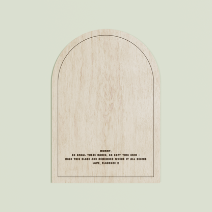 Hugo arch wooden handprint plaque with plain border and engraved text | Saint Sauvant Auckland NZ