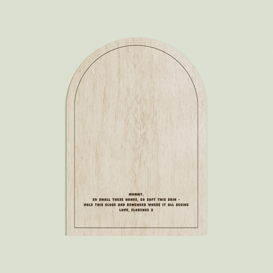 Hugo arch wooden handprint plaque with plain border and engraved text | Saint Sauvant Auckland NZ