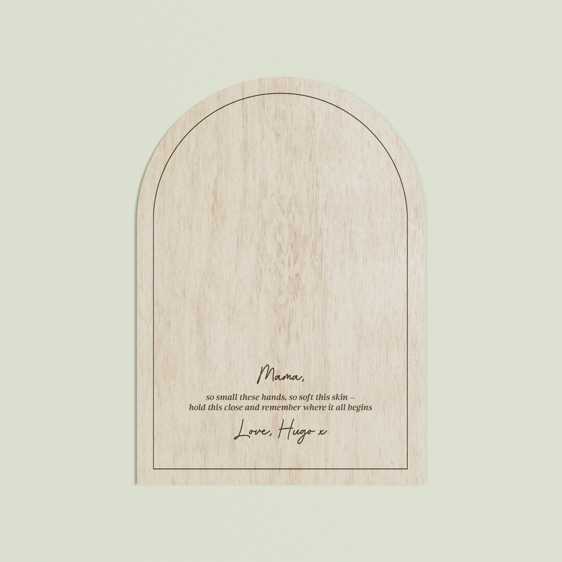 Hugo arch wooden handprint plaque with plain border and engraved text | Saint Sauvant Auckland NZ