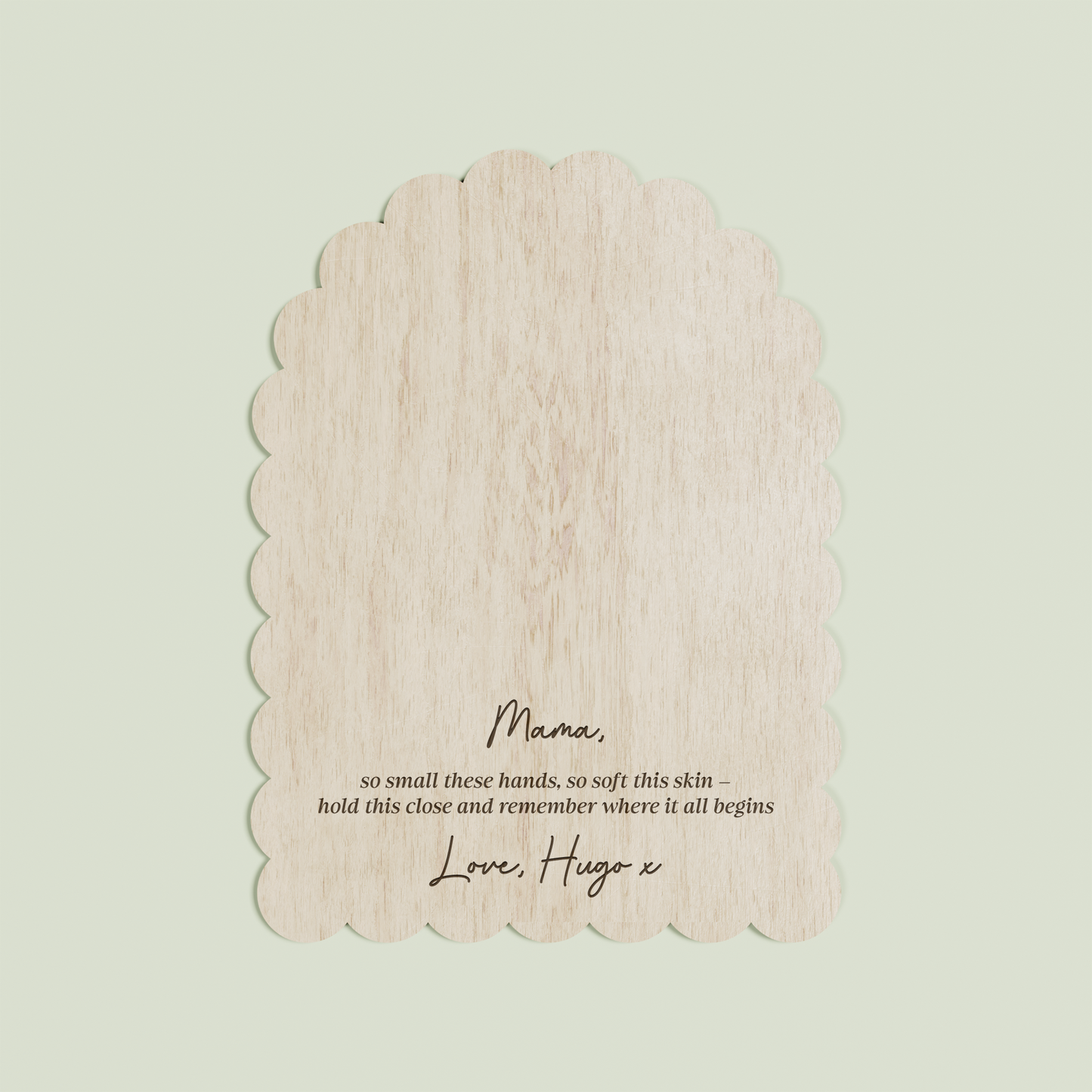 Hugo arch wooden handprint plaque with scalloped border and engraved text | Saint Sauvant Auckland NZ