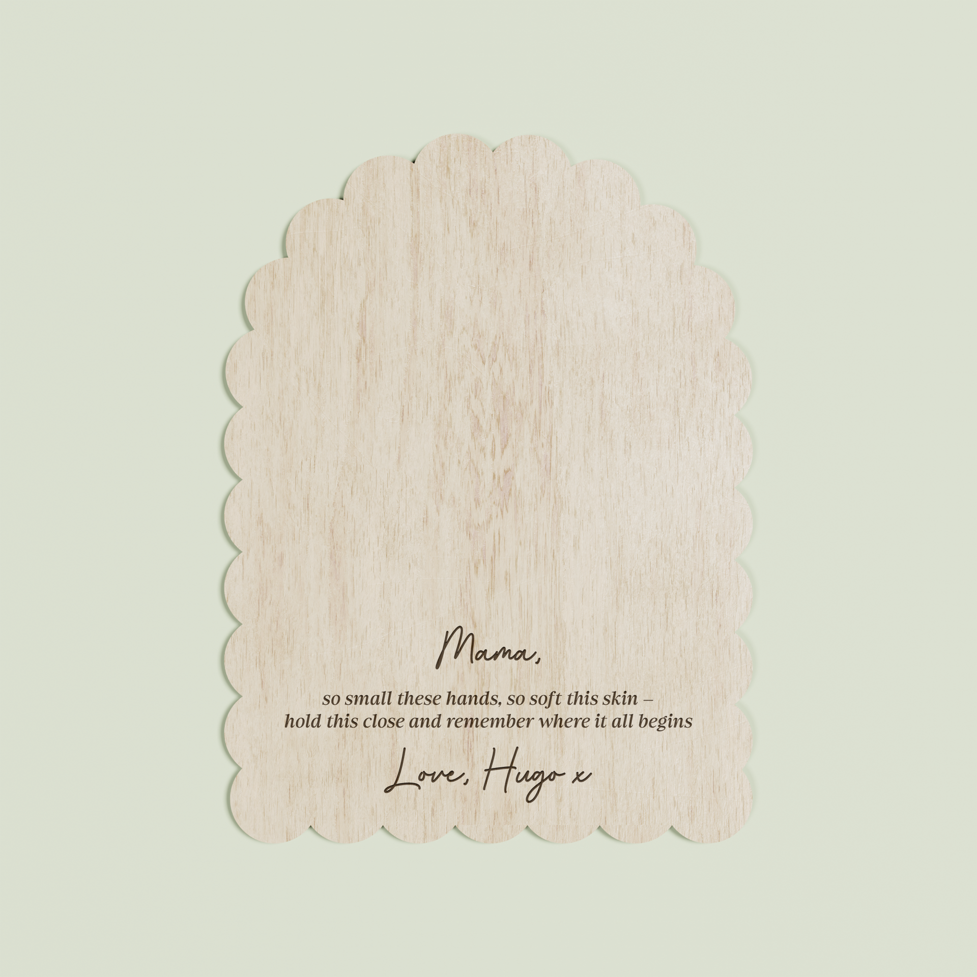 Hugo arch wooden handprint plaque with scalloped border and engraved text | Saint Sauvant Auckland NZ