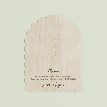 Hugo arch wooden handprint plaque with scalloped border and engraved text | Saint Sauvant Auckland NZ